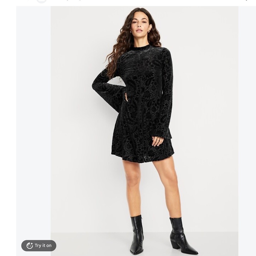 Old Navy Womens Velvet Burnout Mini Dress L Black Flare Sleeve Witchy Vamp Fall